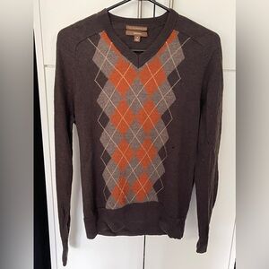 Men’s Merona 100% Merino Wool Pullover Sweater Brown Orange Argyle Size Small S